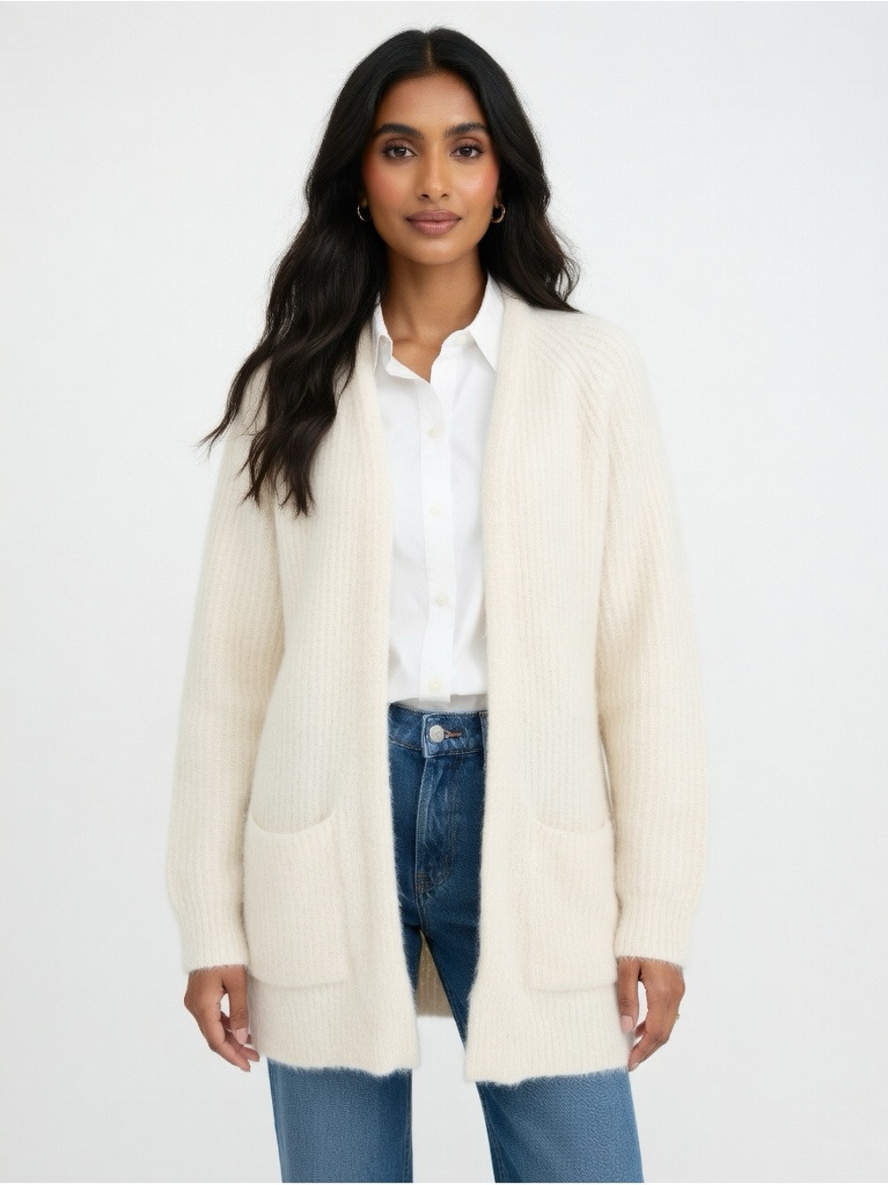 Anthropologie Sleeping on Snow Cream Fuzzy Open-Front Pockets Cardigan